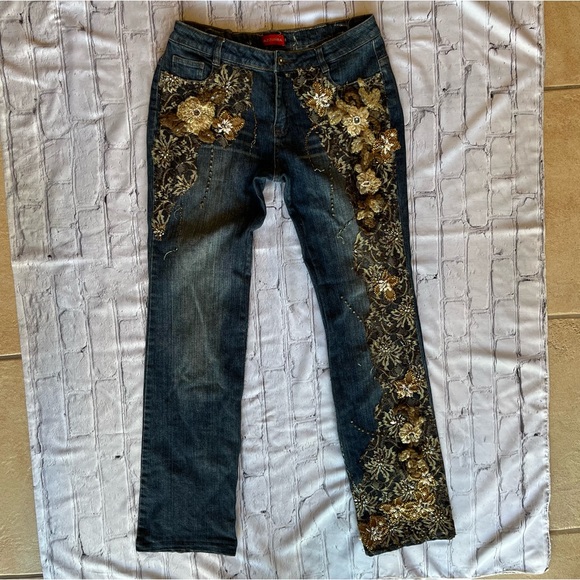 Vintage Y2K Jeans Floral Embroidery Unique Womens 32 Western Cowgirl Country
